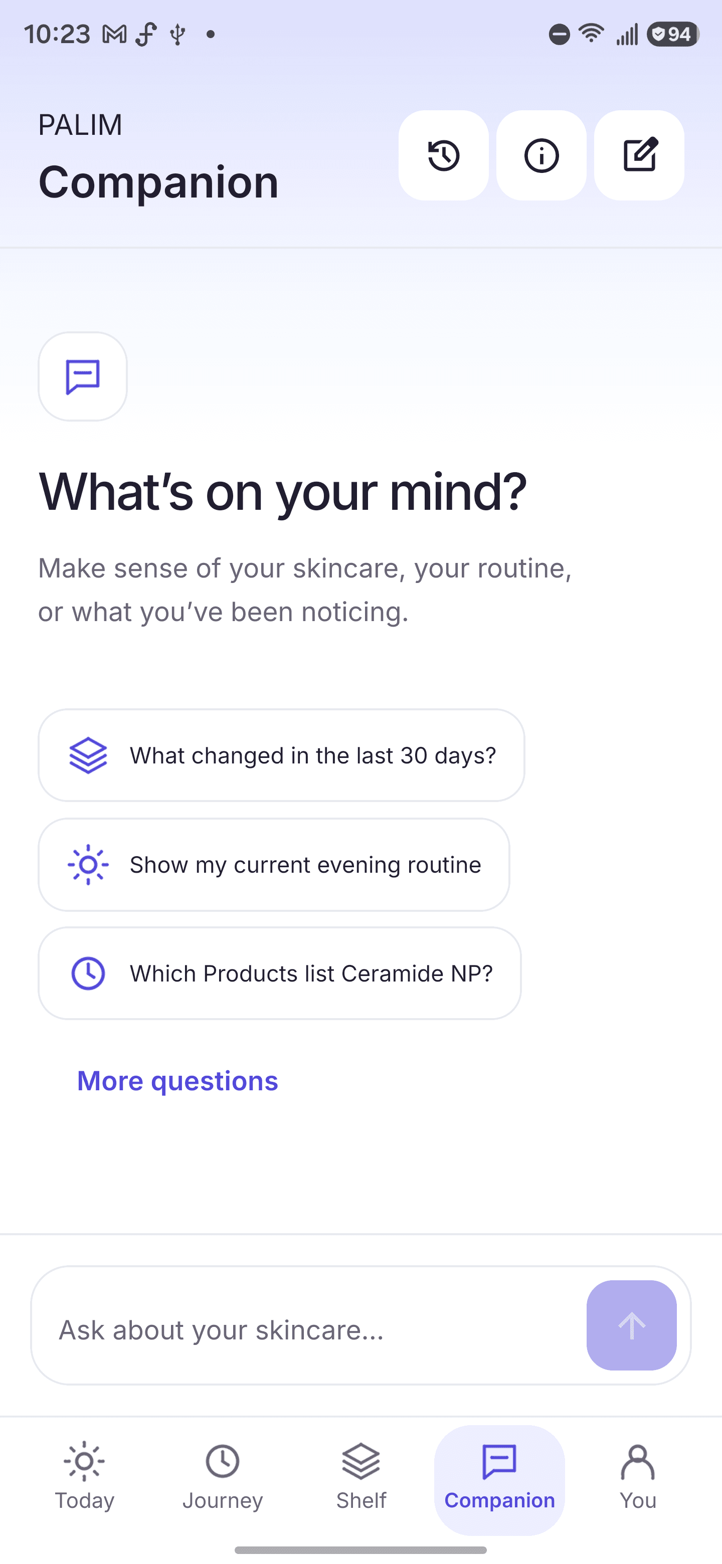 PALIM Companion welcome screen with questions about recent changes, an evening routine and recorded product ingredients.
