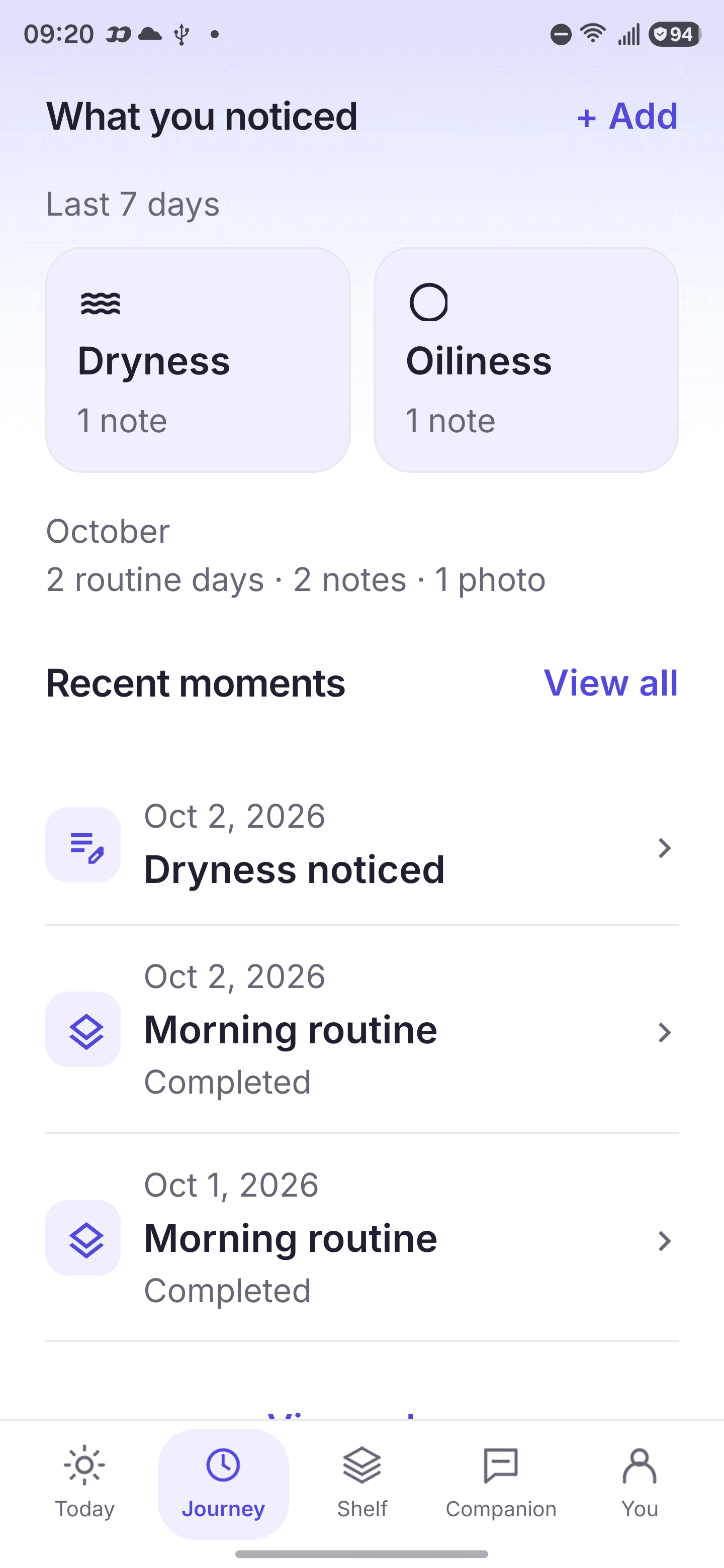 PALIM Journey showing recorded dryness and oiliness notes, October records and recent routine moments.